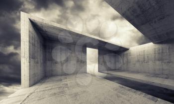 Abstract architecture background, empty concrete interior with dark moody sky outside, monochrome 3d illustration