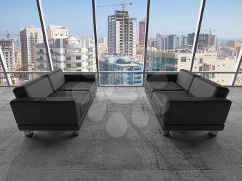 Abstract interior, office room with concrete floor, window and two black leather sofas, 3d illustration with cityscape on a background