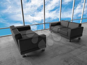 Abstract interior, office room. Concrete floor, window with cloudy sky and two black leather sofas, 3d illustration