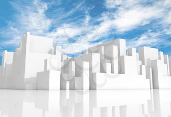 Abstract white schematic 3d cityscape with natural bright cloudy sky on a background
