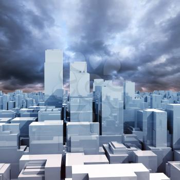 Abstract digital cityscape, shining skyscrapers under dark stormy cloudy sky, 3d illustration