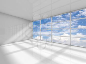 Abstract white interior of an empty office room with clouds behind the window. 3d render illustration