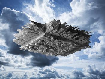 Abstract flying object with chaotic extruded surface in cloudy sky, 3d illustration