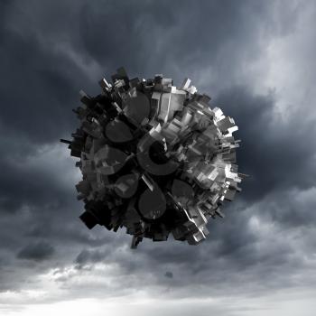 Abstract flying spheric object with chaotic extruded surface over dark cloudy sky, 3d illustration