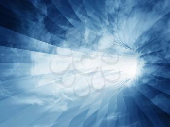 Turning shining tunnel in dark blue cloudy sky. 3d illustration