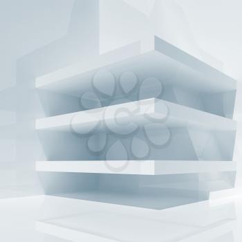 Abstract white shining room interior with empty shelves construction, 3d render illustration