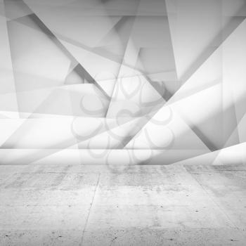 Abstract empty interior background, white chaotic polygonal relief pattern on the wall and concrete floor. 3d illustration