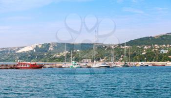 Balchik resort town marina. Moored yachts and pleasure boats. Coast of the Black Sea, Varna region, Bulgaria