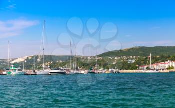Balchik resort town marina. Moored sailing yachts and pleasure boats. Coast of the Black Sea, Varna region, Bulgaria