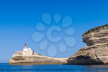 Madonetta lighthouse. Entrance to Bonifacio port, Corsica island, France