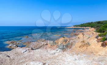 Coastal landscape with empty wild beach, Corsica island, France. Plage De Capo Di Feno