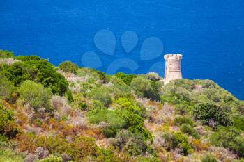 Cupabia bay landscape with ancient Genoese Campanella tower, Corsica island, France