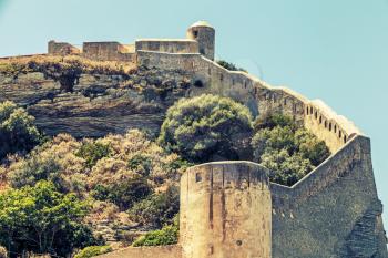 The citadel at Bonifacio, Corsica island, France. Vintage tonal correction filter, old style effect