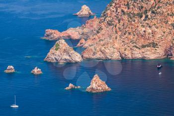 Coastal landscape of Corsica island with rocks. Gulf of Porto, view from Capo Rosso, Piana region