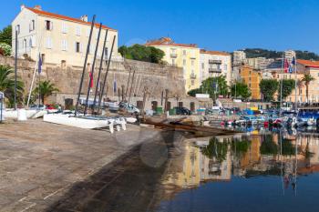 Moored boats in old fishing port of Ajacciio, Corsica island, France