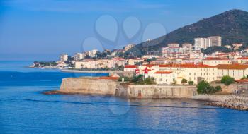 Ajaccio, coastal cityscape with ancient citadel and lighthouse, Corsica island, France
