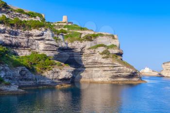 Rocky cliffs with old fort of Bonifacio, Corsica island, France
