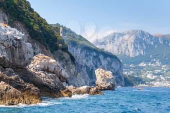 Coastal landscape with rocks and cliffs of Capri island, Mediterranean Sea, Italy