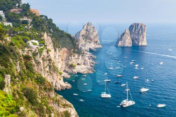 Mediterranean Sea. Coastal landscape with Faraglioni rocks of Capri island, Italy