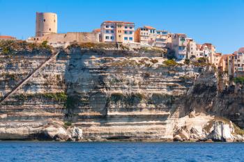Living houses and fortress on the rocky coast. Bonifacio, Corsica island, France