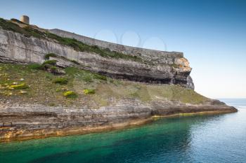 Bay of Bonifacio, coastal landscape with fortress on rock, Corsica island, France