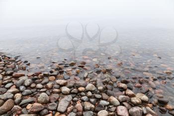Wet stones on Saimaa lake coast in foggy morning