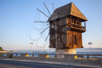 Old wooden windmill on the coast, the most popular landmark of old Nesebar town, Bulgaria