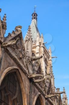Gothic style decorated facade, medieval Church of Saint-Severin, Paris, France