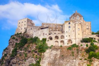 Ancient Aragonese Castle on the rock, Ischia island, Italy, Mediterranean Sea coast