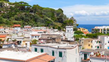 Cityscape of Lacco Ameno town. Ischia island, Italy. Mediterranean Sea coast