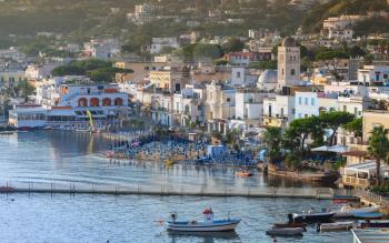 Lacco Ameno town at morning. Mediterranean Sea coast, bay of Naples, Ischia island, Italy
