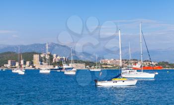 Sailing yachts and pleasure motorboats moored in bay of Ajaccio, Corsica, France