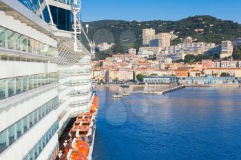 Big passenger cruise ship enters the port of Ajaccio, Corsica island, France. View from a captain bridge wing