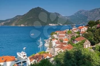 Adriatic sea coastal town landscape. Perast, Kotor Bay, Montenegro