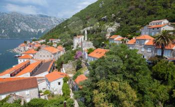 Coastal town landscape. Perast, Kotor Bay, Adriatic sea, Montenegro