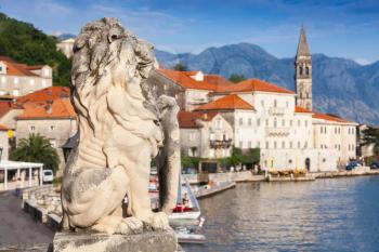 Ancient stone lion statue in Perast town, Bay of Kotor, Montenegro