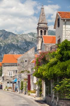 Main coastal street of Perast town. Bay of Kotor, Montenegro