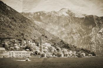 Vintage stylized photo of Perast town, Kotor Bay, Montenegro
