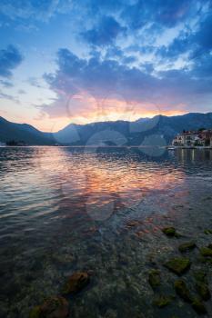Colorful sunset on Adriatic Sea, Bay of Kotor, Montenegro
