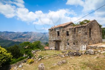 Rural landscape of South Corsica, old abandoned stone house. Zerubia village, France
