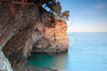 Coastal rocks with pine trees growing on it. Adriatic Sea, Montenegro