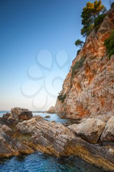 Red coastal rocks with pine trees. Adriatic Sea, Montenegro