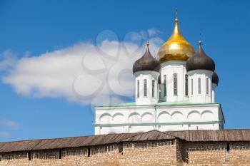 The Trinity Cathedral located since 1589 in Pskov Krom or Kremlin. Ancient Russian Orthodox Church