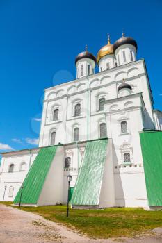 Classical Russian ancient religious architecture example. The Trinity Cathedral located since 1589 in Pskov Krom or Kremlin. Orthodox Church facade