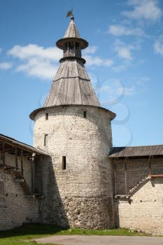 Classical Russian ancient architecture. Stone tower of old fortress. Kremlin of Pskov, Russian Federation