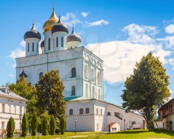 Classical Russian ancient religious architecture. Trinity Cathedral located since 1589 in Pskov Krom or Kremlin. Orthodox Church
