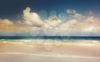 Coastal sea landscape. Atlantic ocean coast, Dominican republic. Punta Cana. Vintage toned photo with filter effect