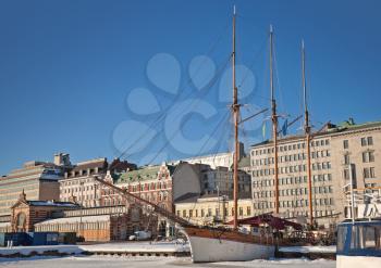 Moored old sailing ship. Embankment in Helsinki, Finland