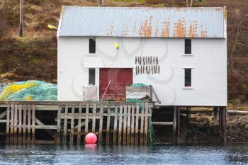 White wooden fishing barn with stockfish on the wall stands on the sea coast in Norway