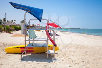 Colorful mobile lifeguard tower on the beach in sunny day